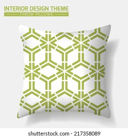 Decorative Throw Pillow vector design template. Geometrical seamless pattern in green is complete, masked. Modern interior design element. Sofa Toss Pillow. Editable eps10 contains the pattern swatch 