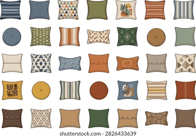 Decorative throw pillows set with modern boho patterns and various shapes