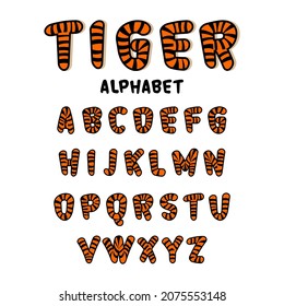 Decorative tiger font and alphabet with tiger patterns. Vector font on white background.