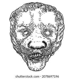 Decorative tiger head drawing. Big feline cat face made of stone. Angry roaring and growling tiger. Vector.