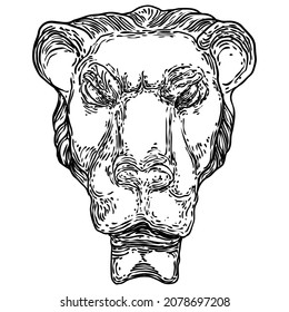 Decorative tiger head drawing. Big feline cat face made of stone. Angry roaring and growling tiger. Vector.