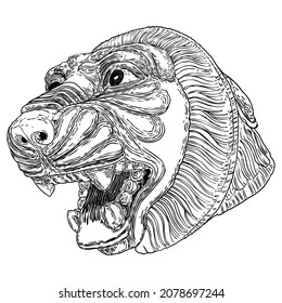 Decorative tiger head drawing. Big feline cat face made of stone. Angry roaring and growling tiger. Vector.
