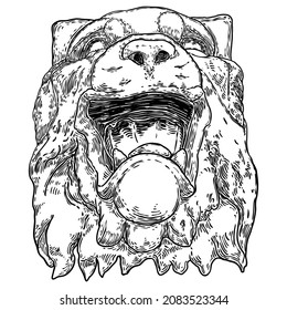 Decorative tiger head drawing. Big feline cat face made of stone. Angry roaring and growling tiger. Vector.