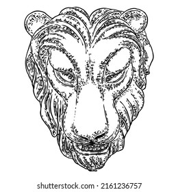 Decorative tiger head drawing. Big feline cat face made of stone. Angry roaring and growling tiger. Vector.