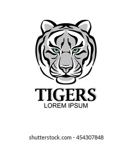 Decorative tiger's head. Hand drawn design on white background. Vector Illustration for print, label, poster, emblem, logo.