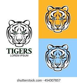 Decorative tiger's head. Hand drawn design on different backgrounds. Vector Illustration for print, label, poster, emblem, logo.