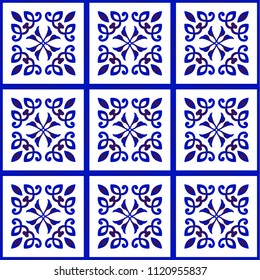 Decorative tile pattern, Floral ornament on watercolor backdrop, blue and white seamless background for design, porcelain, chinaware, ceramic, ceiling, texture, floor and wall, vector illustration