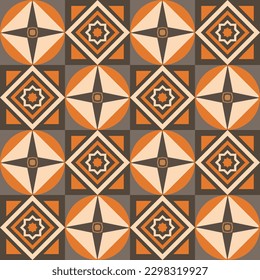 Decorative tile seamless vector pattern, orange  brown mosaic, wallpaper, geometric background.