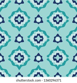 Decorative tiled geometric mosaic pattern. Seamless repeat vector design in teal, light turquoise, navy blue. Great for summer fashion, textiles, beach and resort, seaside home decor and stationery.