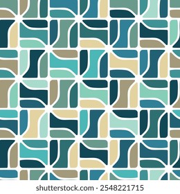Superficie de azulejos decorativos con un diseño geométrico abstracto de Pequeños cuadrados multicolores en azul, verde y turquesa delineados con un trazo blanco. Patrón de repetición sin fisuras. Ilustración vectorial.