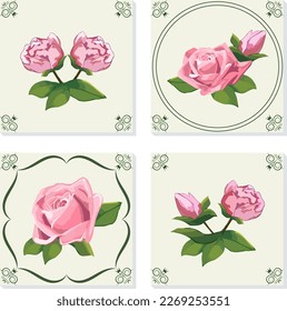 Decorative tiles with roses.Vector illustration with delicate roses and decor in a tile set.
