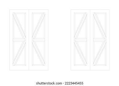 Dibujo decorativo de puertas de madera en 2D y en blanco y negro. La vista de elevación y el dibujo se produjeron utilizando CAD. Las puertas están compuestas por tipos de balancines individuales y dobles.