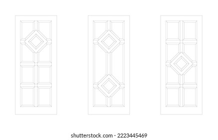 Dekorative Holztürzeichnung in 2D und in Schwarz-Weiß. Die Elevation-Ansicht und die Zeichnung wurde mit CAD erstellt. Die Türen bestehen aus Einzel- und Doppelschwungarten.