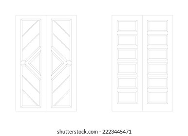 Decorative timber door drawing in 2D and in black and white. Elevation view and the drawing was produced using CAD. Doors consist of single and double swing types.