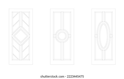 Decorative timber door drawing in 2D and in black and white. Elevation view and the drawing was produced using CAD. Doors consist of single and double swing types.