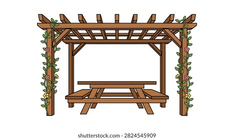 Decorative timber structure decorated with green leaves and blossoms. Front view of landscaped gazebo with dining furniture.