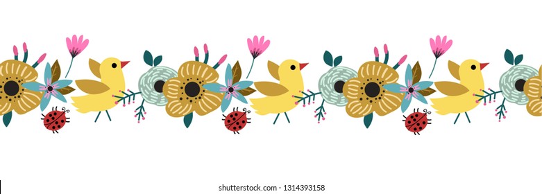 Decorative title whit spring flowers. Plants on a black background.Colorful invitation. Wildflower rose flower frame style isolated. Yellow bird and ladybug