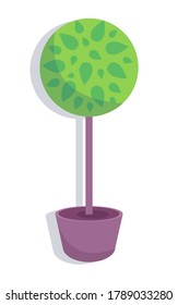 Decorative Topiary Tree In Pot Isolated At White Background. Houseplant In Flowerpot. Indoor Or Outdoor Decorative Tree With Round Crown. Domestic Greenery. Vector Icon For Logo, Website Or Apps