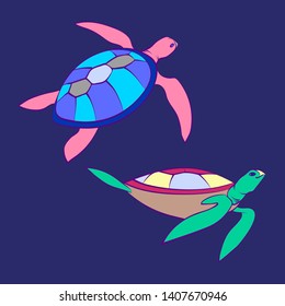 Decorative tortoise cartoon vector illustration. Turtles isolated on blue background. Graphic animal illustration.
