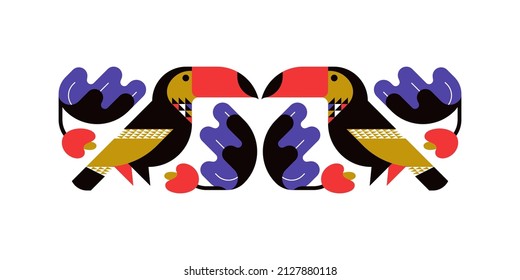 Decorative toucan with exotic flowers and palm tree leaves. Flat style vector illustration of geometric bird for elegant poster or stylish print