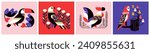 Decorative toucan, owl, eagle and rooster with ornamental flower, leaf and other elements of flora. Art deco vector illustrations set of geometric birds for elegant poster or stylish graphic print