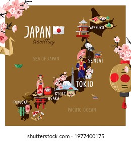 Decorative tourist map of Japan with traditional symbols of culture, art, history. Silhouette of the Country of the rising Sun is isolated on beige. Banner concept about tourism. Vector iluusatrtion