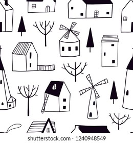 Decorative town seamless pattern: houses, church, mill and trees. Stylized city collection. Street. Cottages. City landscape. Line art buildings. Black and white children's art set. 