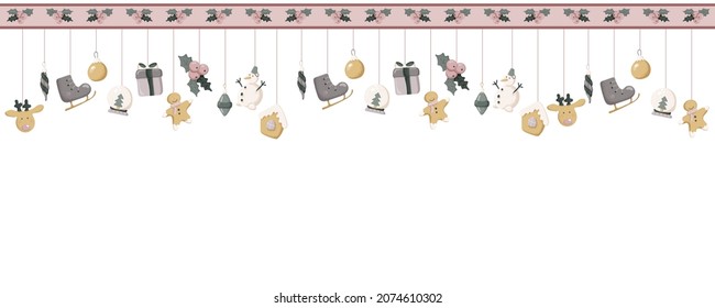 Decorative toys hanging on strings. Traditional new year celebration accessories on white background. Horizontal placement. Happy new year. Christmas items. For the design of Christmas and New Year