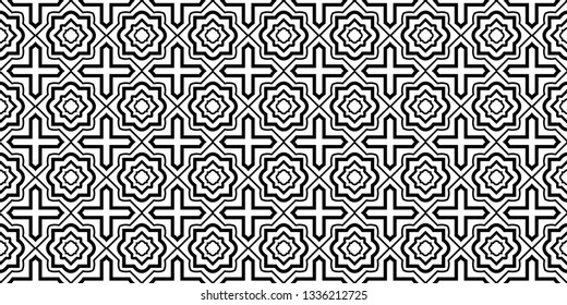Decorative Traditional Geometric Ornament. Seamless Pattern. Vector Illustration. Tribal Ethnic Arabic, Indian, Motif. For Interior Design, Wallpaper. Black white color.