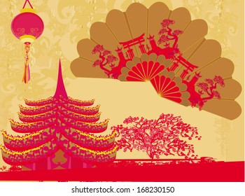 Decorative Traditional lanterns ,Chinese landscape and beautiful fans card 