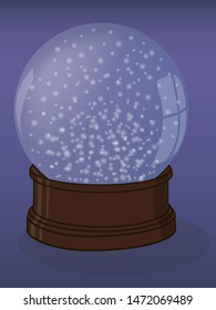 Decorative transparent ball with snowfall on a blue gradient background.