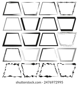 Decorative trapezoid frames. Black and white. Vector borders set. Artistic designs.