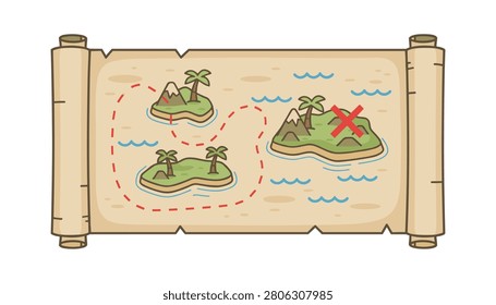 Decorative treasure map on an old parchment scroll featuring islands, palm trees, a path with dotted lines, and a red X marking the buried treasure.