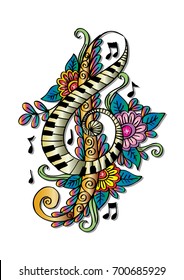  Decorative Treble Clef. Hand drawing illustration.