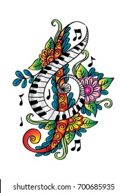  Decorative Treble Clef. Hand drawing illustration.