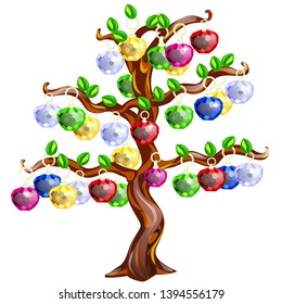 Decorative tree with apples made of precious stones isolated on white background. Vector cartoon close-up illustration.