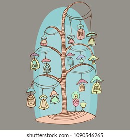 Decorative tree with bells. Multicolored bells hang on a tree instead of leaves. His bells are like flowers.



