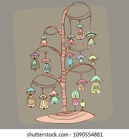 Decorative tree with bells. Multicolored bells hang on a tree instead of leaves. His bells are like flowers. Tree on a gray background

