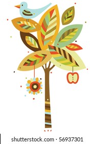 Decorative tree and bird in contemporary style.
