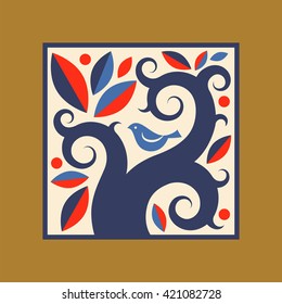Decorative tree with bird. Vector icon.