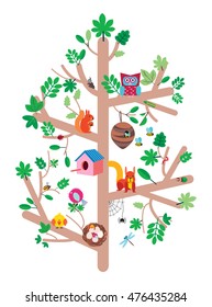 Decorative tree with birds, animals and nesting boxes, insects flat vector illustration kids design