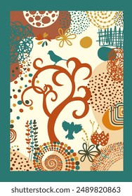 Dekorativer Baum und Vögel. Handzeichnung. Keine KI-Vektorillustration.