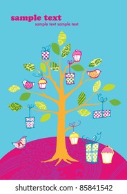 Decorative tree with birds and presents greeting card