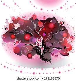 Decorative tree with black and white branches and red fruits on white background with pink sun and patterns