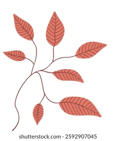 Decorative tree branch with red leaves. Nature and plants. Element for design, decoration. Flat vector illustration on white background