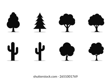 Decorative Tree and Cactus Silhouettes for Eco Friendly Illustration Work, Nature Silhouette Icon Pack with Various Trees and Cactus Plants