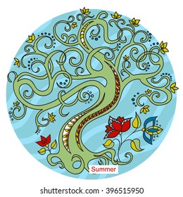 Decorative tree in a circle. Summer tree with flowers.