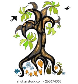 Decorative tree with flowers and swallow birds 