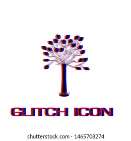 Decorative tree icon flat. Simple pictogram - Glitch effect. Vector illustration symbol