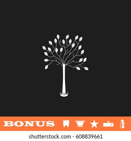 Decorative tree icon flat. White pictogram on black background. Vector illustration symbol and bonus button tooth, vase, star, mirror, bottle